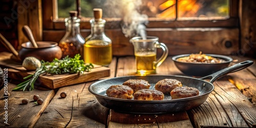 Rustic Kitchen Scene Featuring Sizzling Meat Patties in Cast Iron Skillet with Herbs and Seasonings