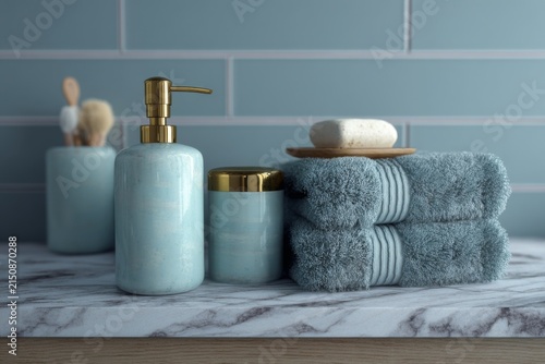 Items arranged on a bathroom counter with towels, soap, and toiletries placed near each other on a marble surface