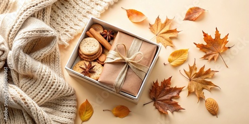 Cozy Autumn Gift Box with Baked Goods and Fall Leaves