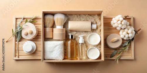 Luxurious self-care kit in a natural wooden box, featuring organic bath products and natural decorations