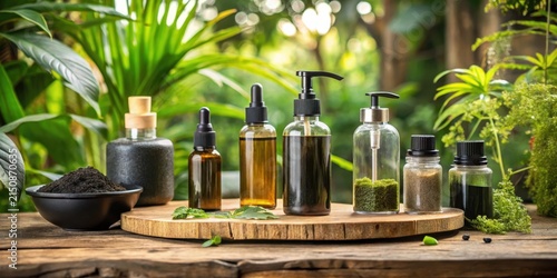 Luxurious Natural Skincare Products Displayed Amidst Lush Greenery on Rustic Wooden Surface