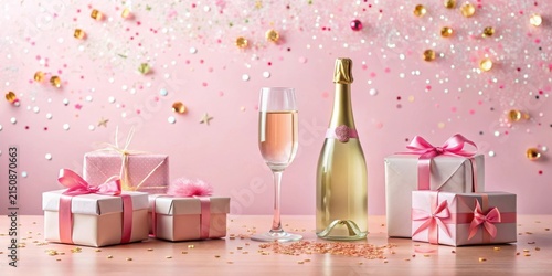 A celebratory scene featuring a champagne bottle and flute, surrounded by festively wrapped gifts and confetti.