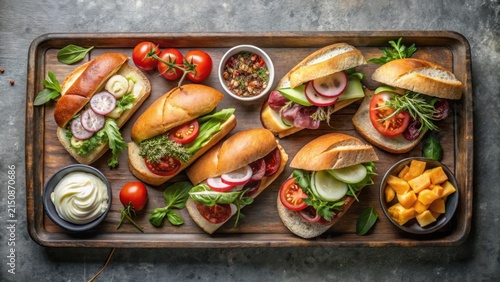 Assortment of Delicious and Freshly Made Submarine Sandwiches on a Rustic Wooden Tray with Colorful Vegetables and Creamy Dip