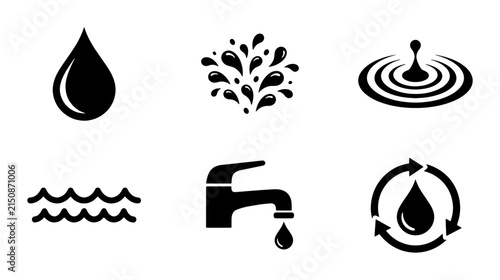 Water Icons Set: Droplet, Splash, Ripple, Waves, Faucet, Recycle Symbol. Essential Liquid & Fluid Graphics for Conservation, Purity, and Hydration Concepts.