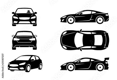 Modern Sports Car Vector Icons: Front, Side, Top Views, Black Silhouette Set for Automotive Design, Transportation Graphics, and Vehicle Concepts
