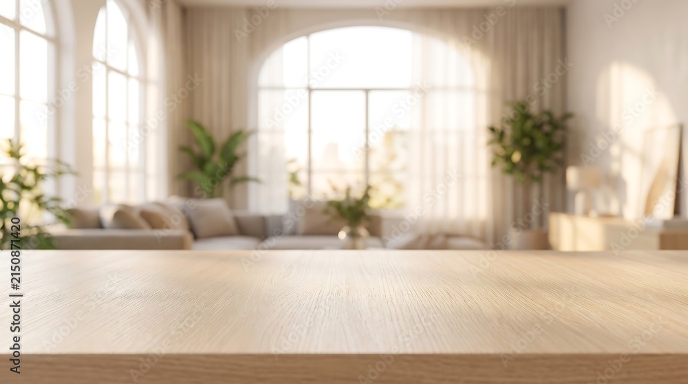 Fototapeta premium Empty Wooden Table Top with Blurred Bright Window Background
