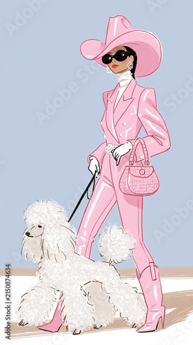 illustration chic woman dressed in a pink cowboy/cowgirl outfit walking a fancy poodle, illustration style is from a sketchbook