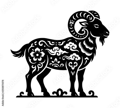 Ornate Black Ram Silhouette Vector Art, Traditional Chinese Zodiac Symbol, Decorative Aries Animal Illustration, Stylized Sheep Icon