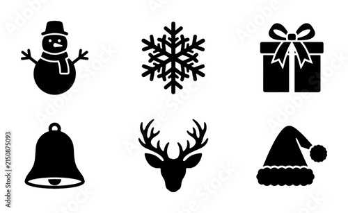 Christmas Icons Set: Snowman, Snowflake, Gift, Bell, Reindeer, Santa Hat Vector Graphics for Festive Design