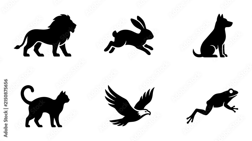 Fototapeta premium Silhouette Animal Icons Set: Lion, Rabbit, Dog, Cat, Eagle, Frog Vector Graphics for Wildlife, Pets, Nature Themes
