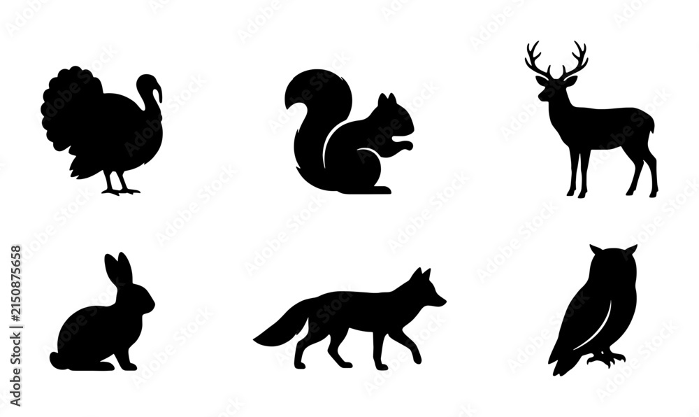 Fototapeta premium Forest Animal Silhouettes: Deer, Turkey, Squirrel, Fox, Rabbit, Owl Vector Icons, Wildlife Graphics, Nature Icons, Black and White Woodland Creatures