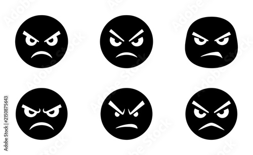 Photography Set of 6 Black Angry Emoticons, Frustrated Faces Vector Icons, Negative Emotion