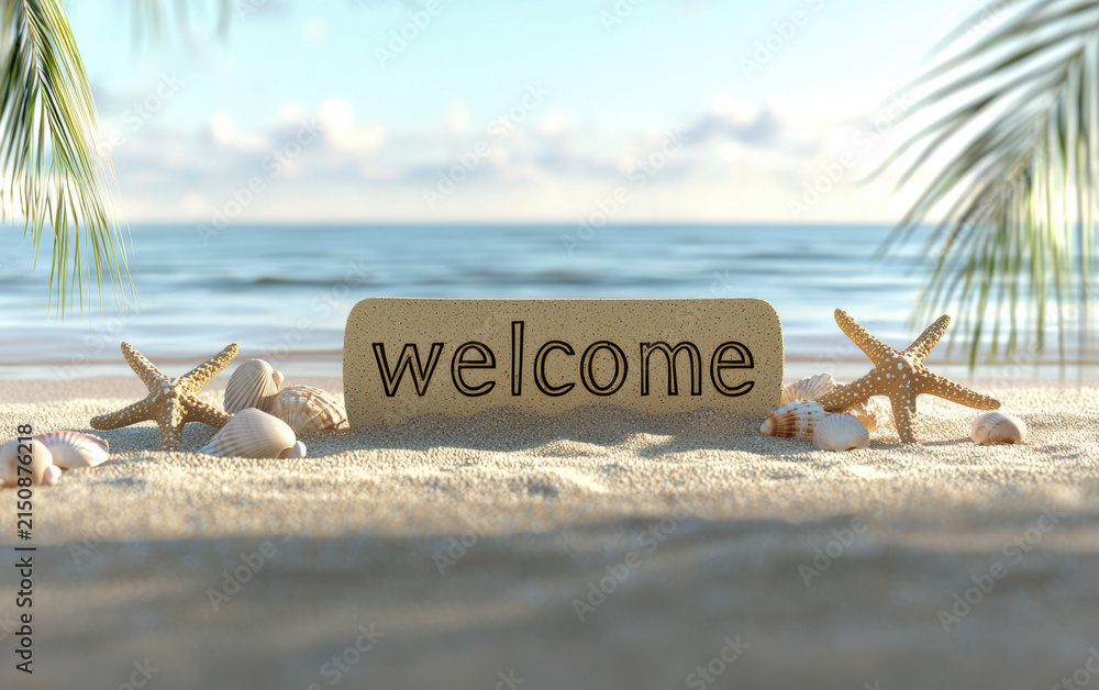 Fototapeta premium Welcome golden sand sign on tropical beach with seashell, starfish, palm leaf, blue sea and sky, summer vacation, relaxation, warm sunlight