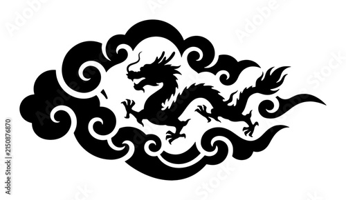 Canvas Print Black Silhouette Dragon in Swirling Clouds, Mythical Creature Vector Art, Easter