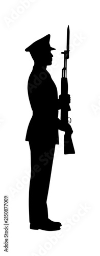 Bild auf Leinwand Silhouette of a Soldier Standing Guard with Bayonet-Equipped Rifle, Military Cer