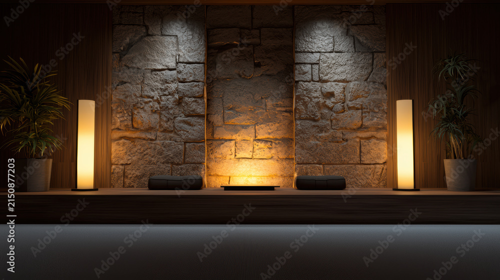 Obraz premium Minimalist fireplace area with stone wall, warm lighting, modern decor, potted plant, cozy atmosphere, contemporary style