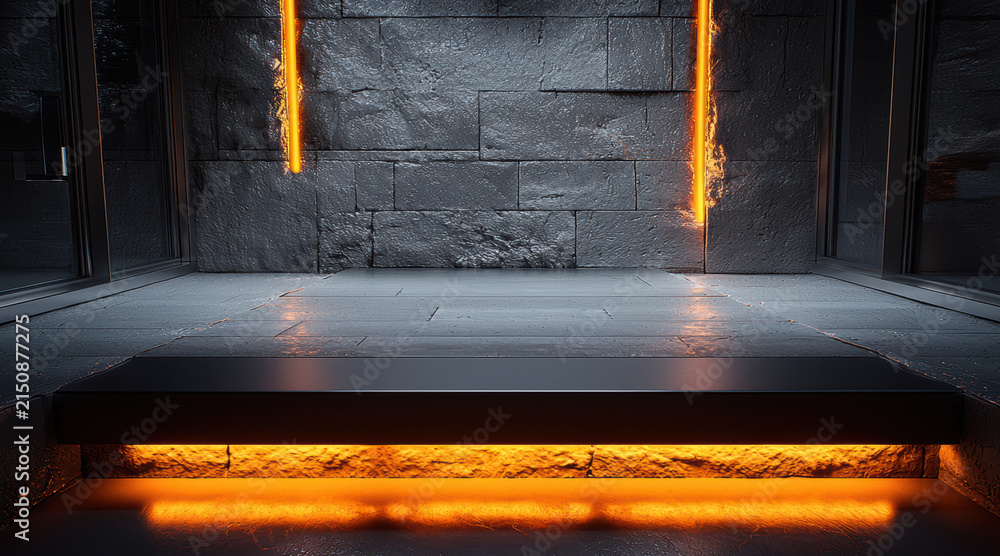Fototapeta premium Minimalist fireplace area with glowing orange light, modern stone wall, sleek design, warm ambiance, contemporary interior style