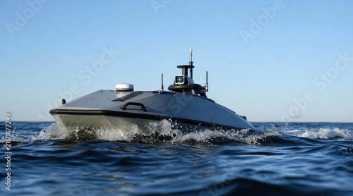 Unmanned autonomous surface vehicle navigating through open ocean waters.