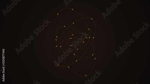 Abstract atom model with glowing golden electrons orbiting a nucleus in dark space background