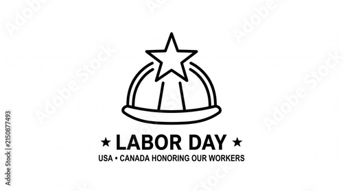 Minimalist black and white Labor Day logo with hard hat and star.