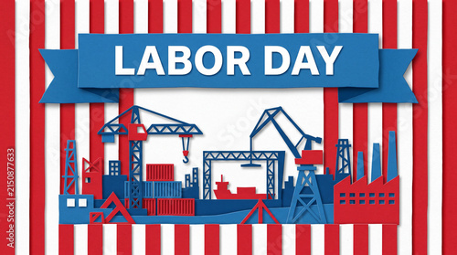 Industrial harbor scene with cranes and Labor Day ribbon banner.