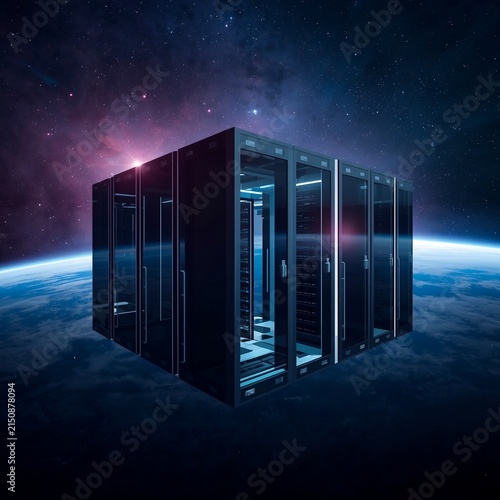 Futuristic Data Center Server Rack Floating in Outer Space Above Earth