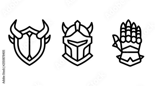 Medieval fantasy symbols including a horned shield knight helmet armored gauntlet with gauntlet medieval protection fighting strength military equipment headgear minimalist abstract conquest