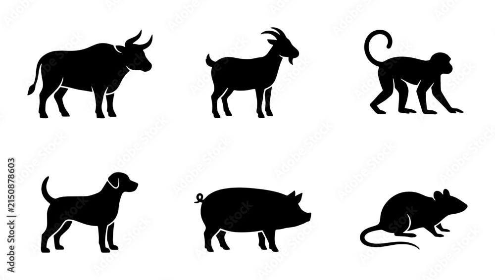 Obraz premium Chinese Zodiac Animals Silhouette Collection, Vector Icons for Astrology and Lunar New Year Celebrations, Black and White Farm and Wild Creatures