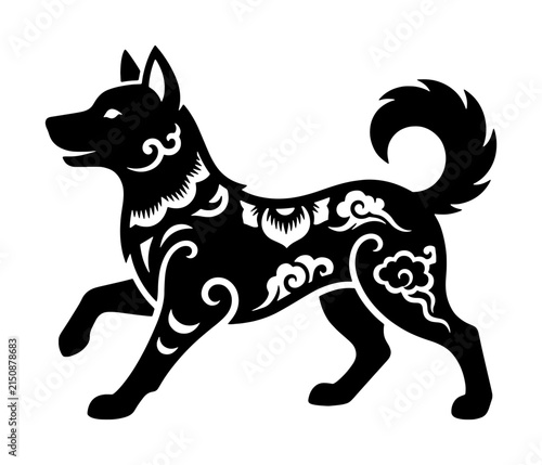 Black Silhouette Dog Vector Art, Ornate Chinese Zodiac Animal Illustration, Stylized Canine Graphic for Festive Decorations