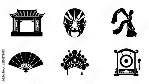 Chinese Opera Icons: Traditional Performance Art Symbols, Beijing Opera Mask, Pagoda, Dancer, Fan, Headdress, Gong, Cultural Elements