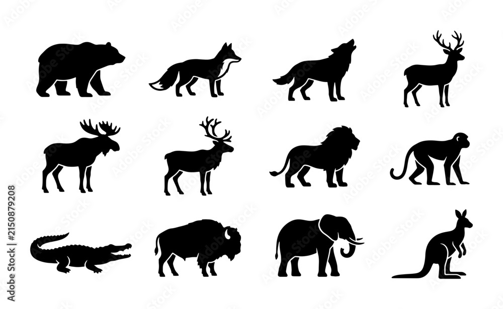 Fototapeta premium Diverse Wildlife Silhouettes Collection: 12 Iconic Animals, Vector Icons for Nature and Safari Themes, Black and White Graphic Elements