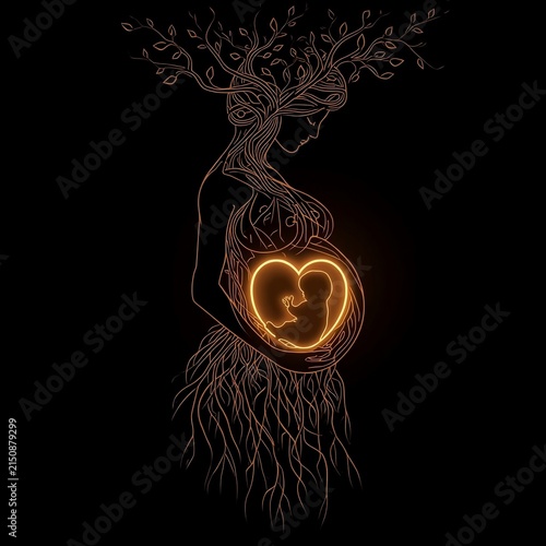 Pregnant woman with abstract background/ Guardian of New Life – Elegant Angelic Motherhood Concept on Black/ pregnant mom illustration 