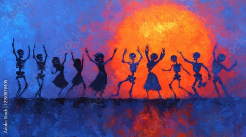 Skeletons dancing in a row under a glowing orange sun