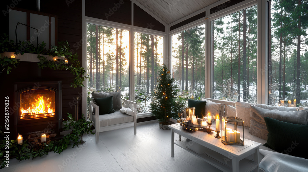 Fototapeta premium Cozy living room with fireplace, green plants, candles, white furniture, winter forest view, warm light, peaceful atmosphere