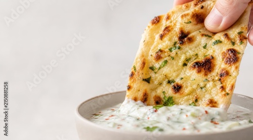 A hand dipping a piece of garlic naan bread into a bowl of creamy yogurt sauce.