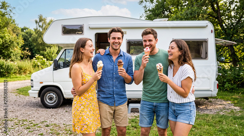 Two couples eating ice cream cones standing in front of motorhome at a campsite.