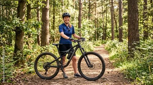Young woman standing with mountain bike on sunny forest path during outdoor cycling session.