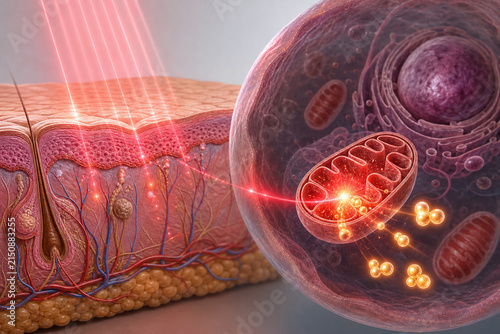 Red light energizing mitochondria within skin cells