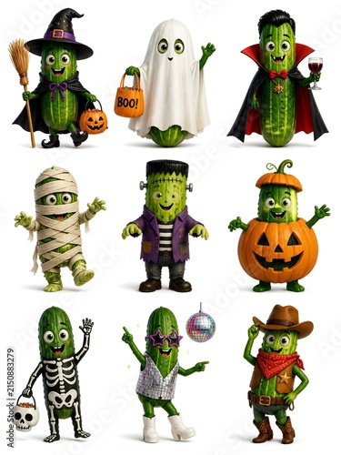 A whimsical and creative digital illustration featuring nine adorable cucumber characters dressed up in various Halloween costumes. From a spooky witch and a glowing ghost to a retro disco dancer .