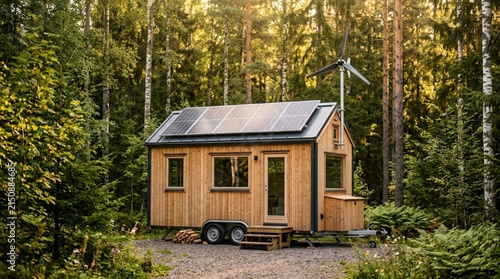 Tiny house with solar panels and wind turbine in forest, sustainable living concept