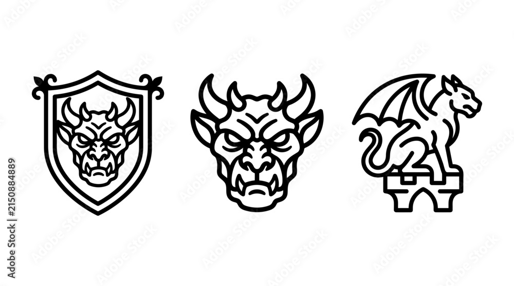 Fototapeta premium Gargoyle devil faces and winged creature crest icons collection with gargoyle medieval mythological creature heraldic architecture sculpture collection mystical ornament decoration monument