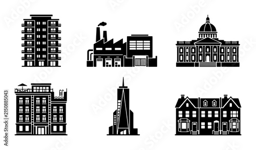 Diverse Building Icons Set: Modern Apartments, Industrial Factory, Classic Dome Architecture, Contemporary Office Tower, Residential Houses, Vector Graphics for Urban Development and City
