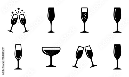 Champagne Flutes and Coupe Glasses, Set of 8 Vector Icons, Celebration Toasting Drinks Collection, Elegant Barware and Party Beverage Symbols