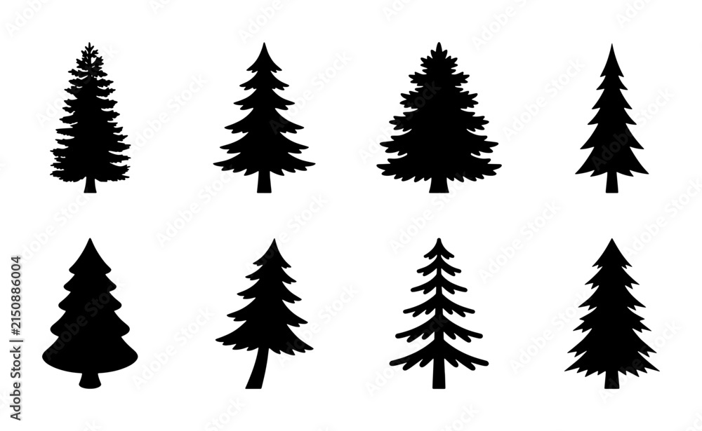 Obraz premium Set of 8 Black Silhouette Christmas Tree Vector Icons, Evergreen Pine Forest Elements, Winter Holiday Decorative Graphics