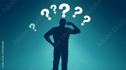 A silhouette of a man with question marks symbolizing uncertainty and exploration.