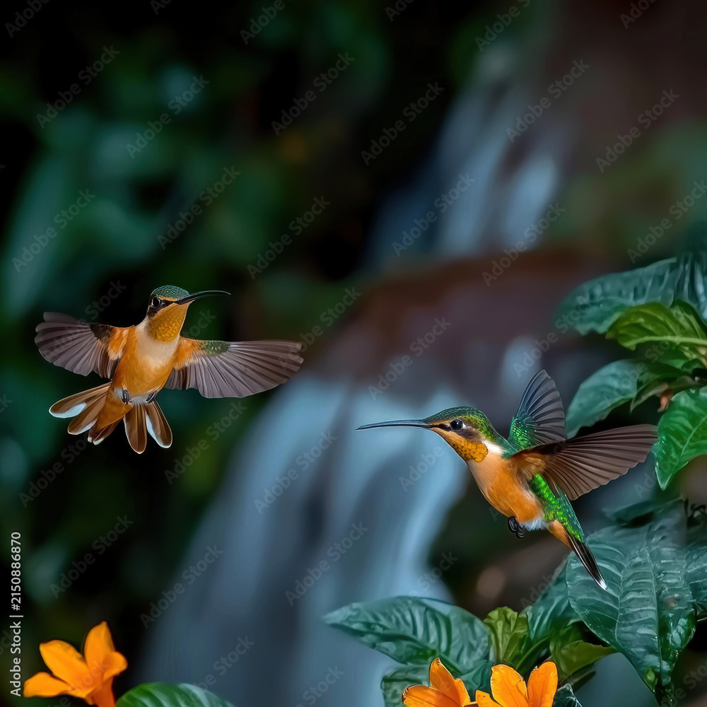 Obraz premium Two vibrant hummingbirds hover near orange flowers, surrounded by lush green leaves and blurred waterfall background, creating lively scene