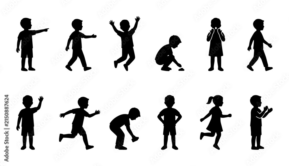 Obraz premium Diverse Children Silhouettes, Vector Icons Set: Playful Kids Poses, Active Childhood Moments, Graphic Elements for Design