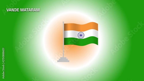 Waving indian flag on a pole with vande mataram text and glowing green background for independence day and republic day celebration of india national pride