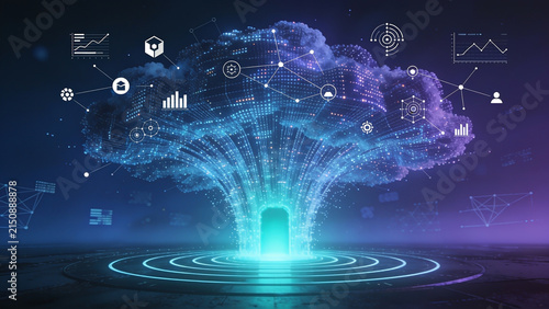High-resolution professional stock photo of central technological data portal emitting a powerful upward flow of binary code streams and digital icons against a dark background.