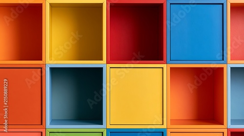 Abstract background of colorful wooden storage box shelves.